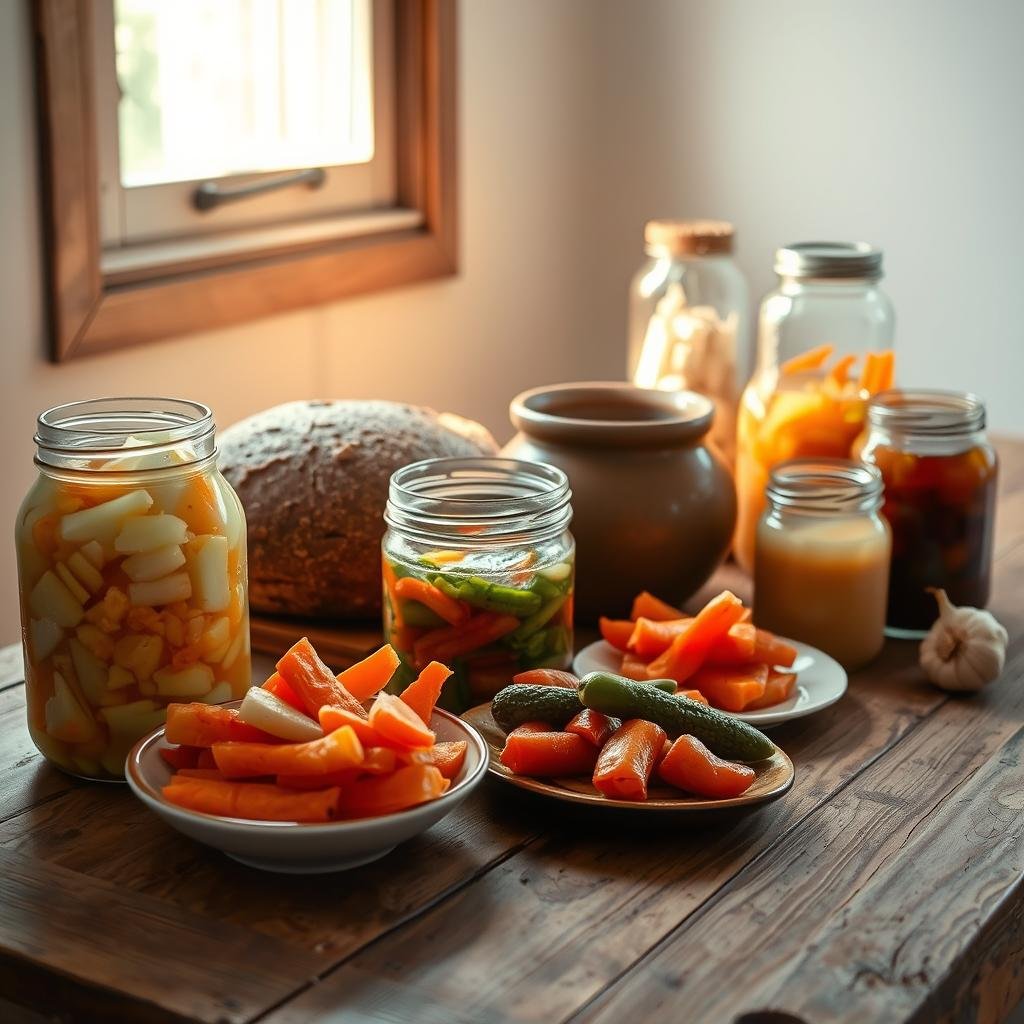 A still life scene of various fermented foods arranged on a rustic wooden table, bathed in warm, natural lighting from a window. In the foreground, a jar of bubbling sauerkraut, a bowl of pickled carrots, and a plate of kimchi. In the middle ground, a loaf of freshly baked sourdough bread and a ceramic crock of fermenting miso. In the background, jars of pickled onions, fermented garlic, and a small batch of homemade kombucha, all set against a simple, minimalist backdrop that allows the textures and colors of the fermented foods to shine. The overall atmosphere is one of simplicity, artisanal craftsmanship, and the celebration of the natural fermentation process.