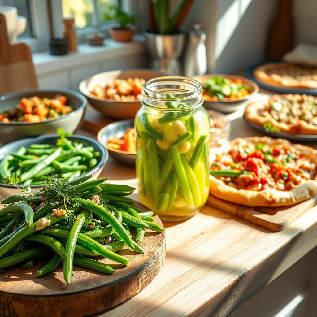 A sunlit kitchen counter showcases an array of vibrant dishes featuring fermented green beans. In the foreground, a rustic wooden board displays a salad of tender, pickled green beans, garnished with fresh herbs and a tangy vinaigrette. In the middle ground, a mason jar filled with translucent, fermented green beans takes center stage, its contents glimmering in the soft, natural lighting. In the background, a variety of other recipes come to life, from a hearty bean stew to a crisp, green bean-topped pizza, all highlighting the versatility of the fermented produce. The scene exudes a warm, homespun atmosphere, inviting the viewer to explore the delicious possibilities of this gut-healthy ingredient.