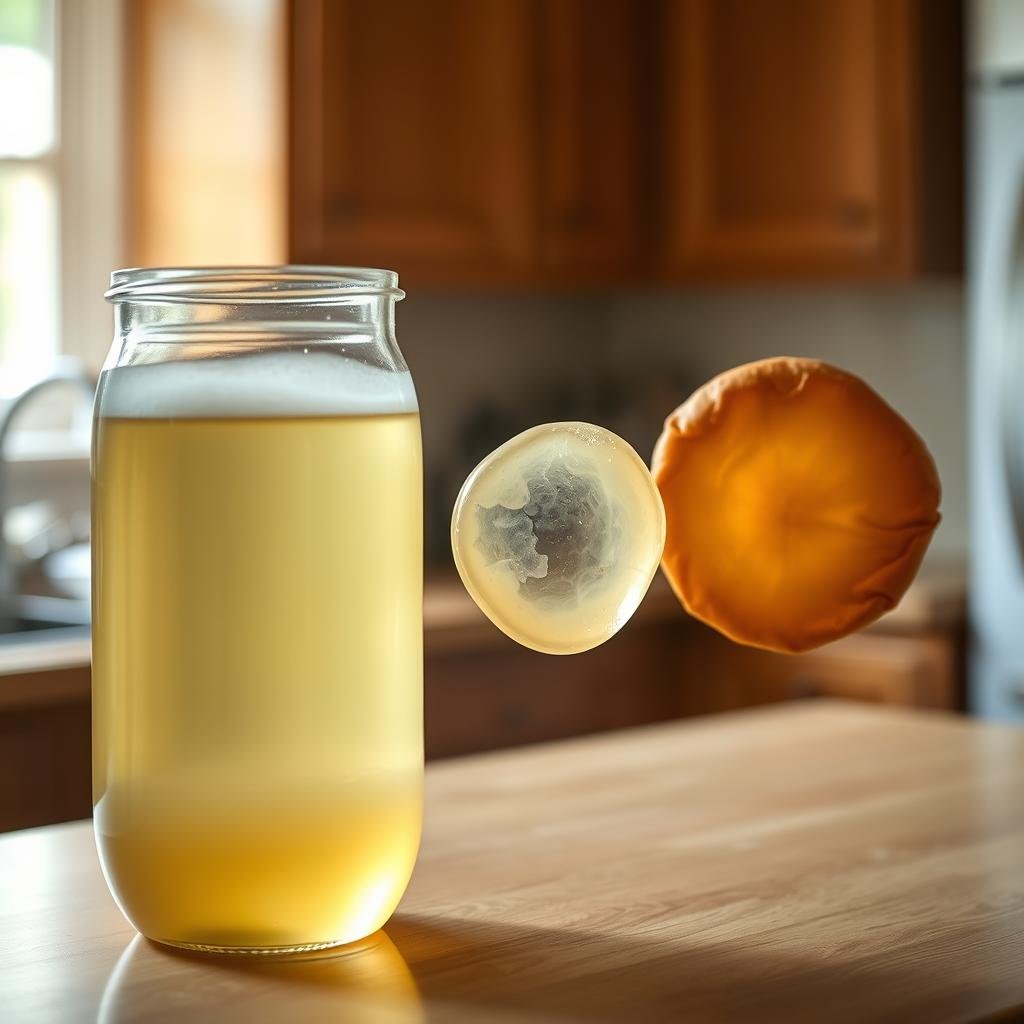 A time-lapse progression of a SCOBY (Symbiotic Culture of Bacteria and Yeast) development, captured under a warm, natural lighting setup. In the foreground, a glass vessel filled with a translucent kombucha brew, gradually transforming as a thin, gelatinous film forms and expands across the surface. In the middle ground, the SCOBY takes shape, starting as a delicate, floating pellicle and maturing into a thick, leathery disc. The background features a serene, out-of-focus kitchen counter, conveying the patient, hands-off nature of the SCOBY growth process. Soft, ambient shadows and highlights accentuate the organic textures and colors of the evolving culture, creating a visually captivating representation of the time required to cultivate a healthy SCOBY for homemade kombucha.