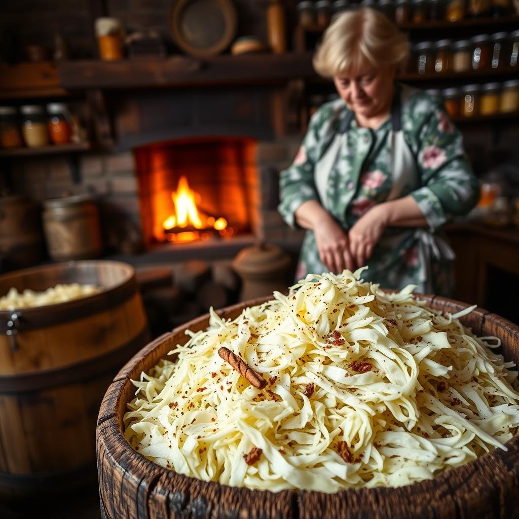 A traditional European sauerkraut-making scene in a rustic, well-lit kitchen. In the foreground, an old wooden barrel filled with finely shredded cabbage, salt, and spices, ready for fermentation. In the middle ground, an elderly woman in a floral apron kneads the sauerkraut with her calloused hands. The background features a cozy fireplace, casting a warm glow, and shelves stocked with jars of preserved foods. The overall mood is one of timeless tradition, simple pleasures, and the comforting aromas of a well-worn kitchen.