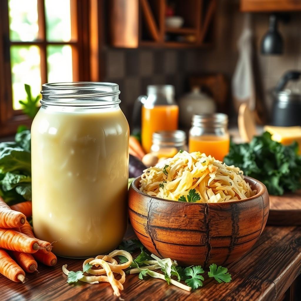 A traditional rural kitchen countertop overflowing with a variety of probiotic-rich foods. In the foreground, a large glass jar filled with creamy, golden buttermilk, its surface gently rippled. Surrounding it, a selection of fresh vegetables - crisp cabbage, vibrant carrots, and leafy kale. In the middle ground, a rustic wooden bowl brimming with fermented sauerkraut, its tangy aroma filling the air. In the background, a mason jar of tangy, fizzy kombucha, and a small plate of tangy, crumbly cheese. Warm, natural lighting filters through a nearby window, casting a cozy glow over the scene. The overall atmosphere evokes a sense of tradition, nourishment, and the timeless wisdom of homemade, probiotic-rich foods.