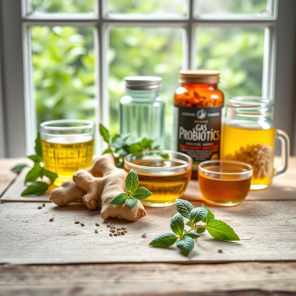 A tranquil still-life composition capturing an assortment of natural remedies for gas relief. In the foreground, an array of soothing herbal teas, ginger root, and peppermint leaves arranged on a rustic wooden table. The middle ground features a glass bottle of probiotics and a jar of fennel seeds, symbolizing the effectiveness of gut-healthy supplements. In the background, a window frames a serene outdoor scene with lush greenery, evoking a sense of natural healing. Soft, diffused lighting bathes the scene, creating a calming, inviting atmosphere. The overall composition conveys a sense of simplicity, balance, and the power of nature to soothe digestive discomfort.