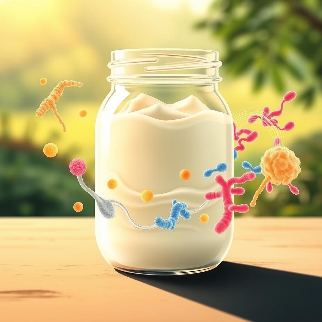 A vibrant and detailed illustration of a glass jar filled with creamy bifidus yogurt, showcasing its gut-supporting properties. The jar is positioned in the foreground, bathed in soft, warm lighting that accentuates the rich, velvety texture of the yogurt. In the middle ground, delicate probiotics and digestive enzymes swirl through the yogurt, symbolizing the active, beneficial bacteria that promote healthy digestion. The background features a serene, naturalistic setting, with soothing shades of green and earthy tones to evoke a sense of balance and wellness. The overall composition conveys the restorative and nourishing qualities of bifidus yogurt, inviting the viewer to experience its gut-supportive benefits.