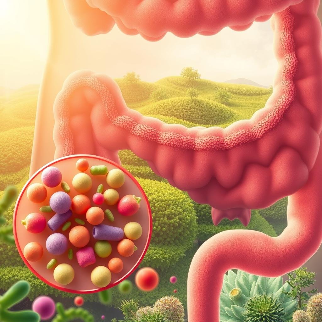 A vibrant and detailed illustration of gut flora, showcasing the diverse ecosystem of microorganisms that reside within the human digestive system. In the foreground, a magnified view of various probiotic bacteria, including lactobacillus and bifidobacterium, thriving in a warm, nurturing environment. In the middle ground, a lush, verdant landscape depicting the intestinal tract, with intricate villi and crypts providing ample surface area for the gut flora to flourish. The background features a soft, diffused lighting, creating a calming and serene atmosphere that underscores the importance of maintaining a healthy gut microbiome. The overall composition should convey the vital role that fruits can play in nourishing and enhancing this delicate biological landscape.
