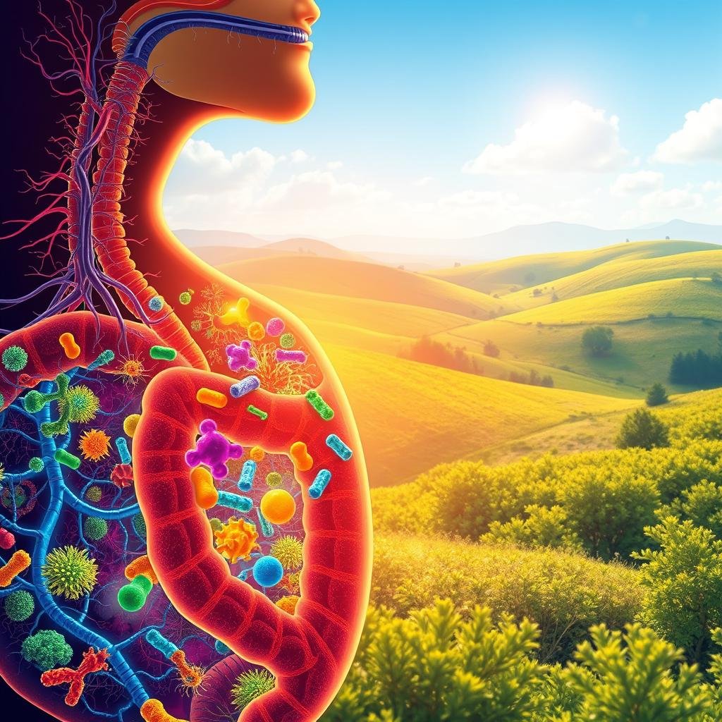A vibrant and detailed illustration showcasing the power of probiotics for gut health. In the foreground, a cross-section of the human digestive system, with a glowing, diverse array of probiotic bacteria thriving within. Vibrant colors and lifelike textures bring the scene to life. In the middle ground, a stylized representation of the gut, with intricate networks of nerves and vessels. The background features a serene, natural landscape, with rolling hills, lush vegetation, and a clear, blue sky, symbolizing the harmony and balance of a healthy gut. Soft, natural lighting casts a warm, soothing glow over the entire composition, creating a sense of wellness and vitality. The overall mood is one of optimism, highlighting the transformative power of probiotics for gut health.