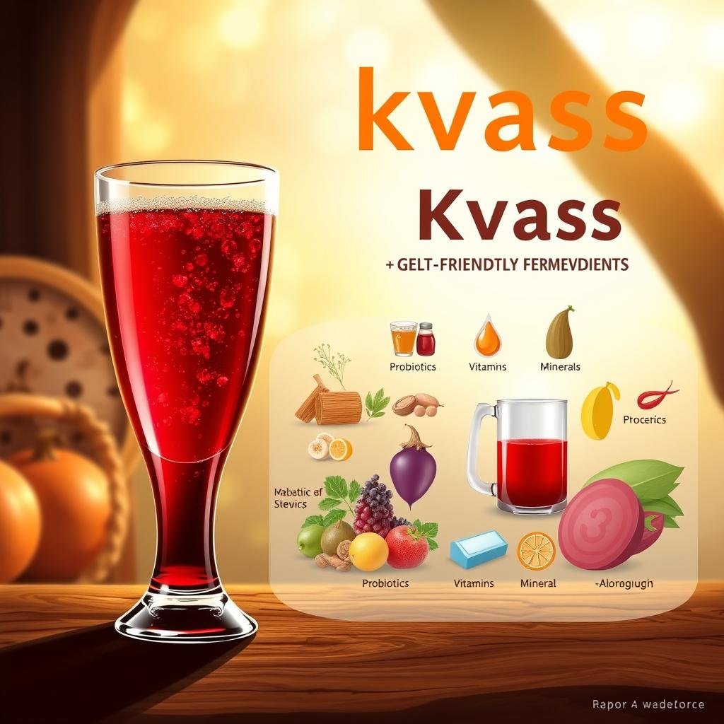 A vibrant and informative illustration showcasing the health benefits of kvass, a traditional fermented beverage, in comparison to commercial alternatives. In the foreground, a glass of kvass is prominently displayed, its deep ruby-red hue and effervescent bubbles accentuated by warm, natural lighting from the side. The middle ground features an array of gut-friendly ingredients associated with kvass, such as probiotics, vitamins, and minerals, arranged in a visually appealing manner. The background depicts a serene, rustic setting, with earthy tones and textures that evoke a sense of tradition and authenticity. The overall composition conveys the inherent wellness properties of kvass, positioning it as a superior choice over mass-produced, processed alternatives.