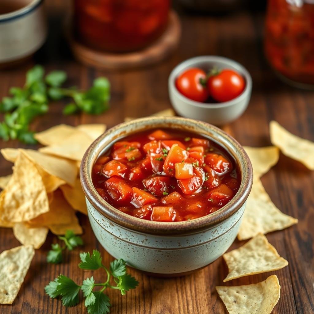 A vibrant, appetizing scene of a wooden table adorned with a rustic ceramic bowl brimming with freshly fermented salsa. The bold flavors burst forth, accentuated by the vibrant red hues of the tomatoes, the earthy tones of the spices, and the subtle tang of fermented goodness. Beside the salsa, crisp tortilla chips await, inviting the viewer to scoop up and savor the delightful, gut-nourishing creation. Warm, natural lighting casts a cozy glow, setting the stage for a delectable experience. The overall composition exudes a sense of wholesome, homemade delight, perfectly capturing the essence of "Delicious Ways to Enjoy Fermented Salsa".