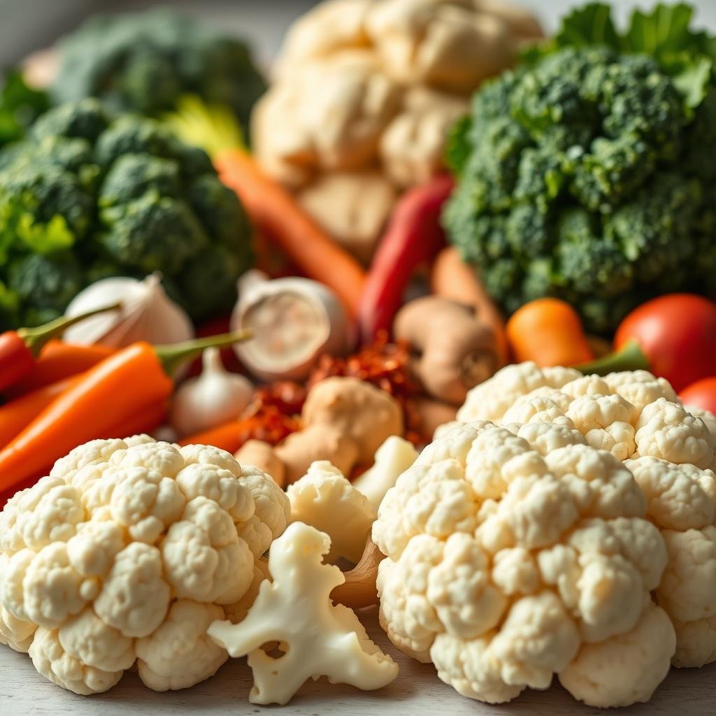 A vibrant arrangement of fresh, crisp cauliflower florets, complemented by an assortment of colorful vegetables, all bathed in natural lighting. In the foreground, the cauliflower takes center stage, its creamy white hues contrasting beautifully with the deep greens of broccoli, the vibrant reds of chili peppers, and the earthy tones of carrots and radishes. The middle ground features a scattering of garlic cloves, ginger slices, and Korean chili flakes, hinting at the flavorful ingredients essential for crafting homemade cauliflower kimchi. The background is softly blurred, allowing the produce to be the focal point, captured with a shallow depth of field and warm, natural lighting to convey a sense of freshness and culinary inspiration.