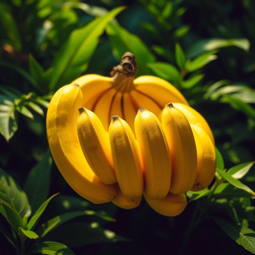 A vibrant bunch of ripe, yellow bananas taking center stage, casting warm, soft lighting across a lush, green background filled with verdant tropical foliage. The bananas appear plump and creamy, their peels gently curving to reveal the nutritious flesh within. Subtle shadows and highlights accentuate the natural textures and contours, creating a sense of depth and dimensionality. The overall composition conveys a sense of harmony, wellness, and the abundance of nature's probiotic gifts.