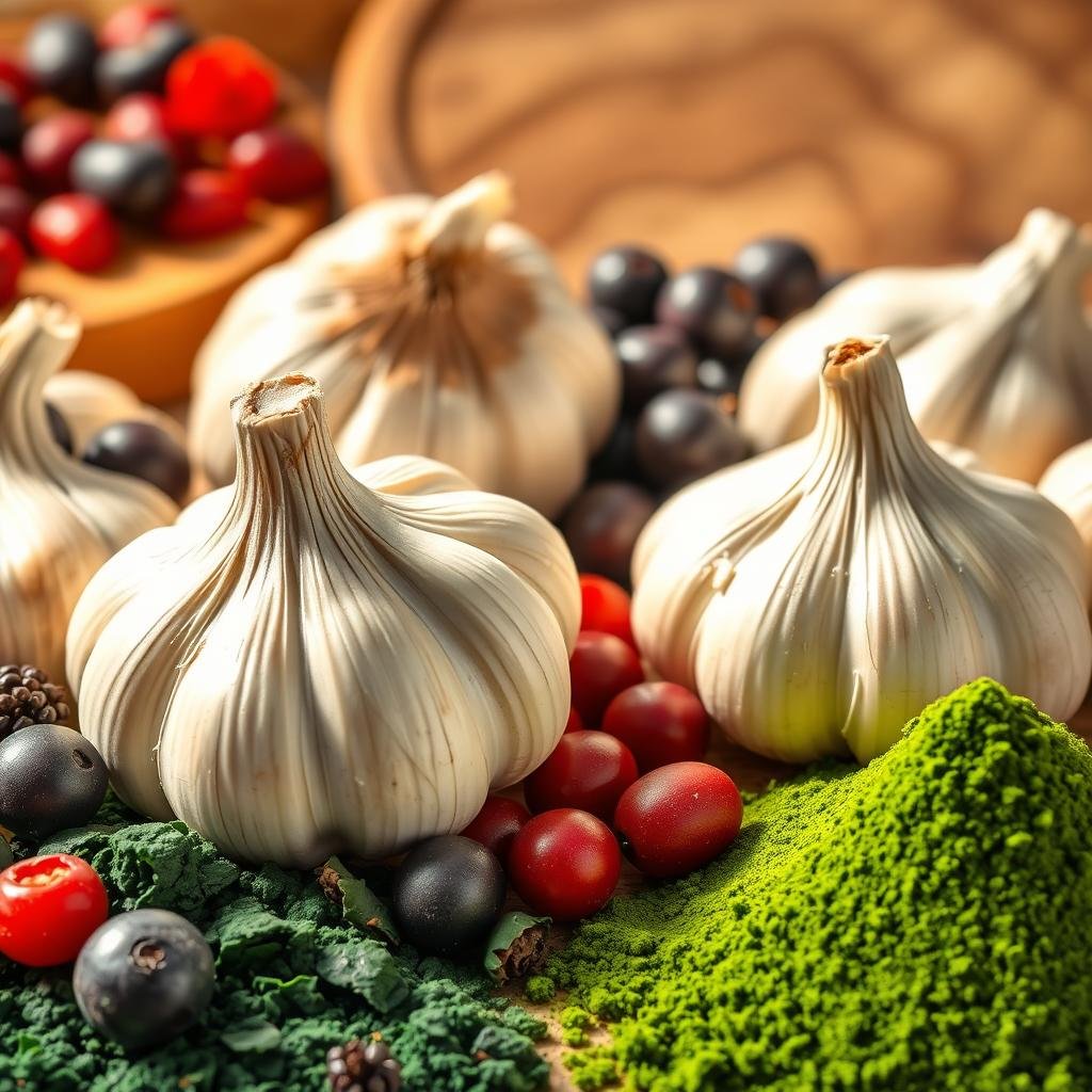 A vibrant, close-up photograph of various antioxidant-rich superfoods arranged in a visually appealing manner. In the foreground, freshly harvested garlic cloves, their creamy-white flesh glistening under soft, diffused lighting. Surrounding the garlic, a scattering of deep purple acai berries, bright red goji berries, and vibrant green spirulina powder. In the middle ground, a backdrop of earthy, textured wooden boards, their natural grain visible. The overall composition is balanced, with the contrasting colors and textures creating a sense of harmony. The lighting is warm and inviting, casting gentle shadows that accentuate the three-dimensional shapes of the ingredients. The mood is one of health, vitality, and the nutritional benefits of a fermented garlic-based diet.