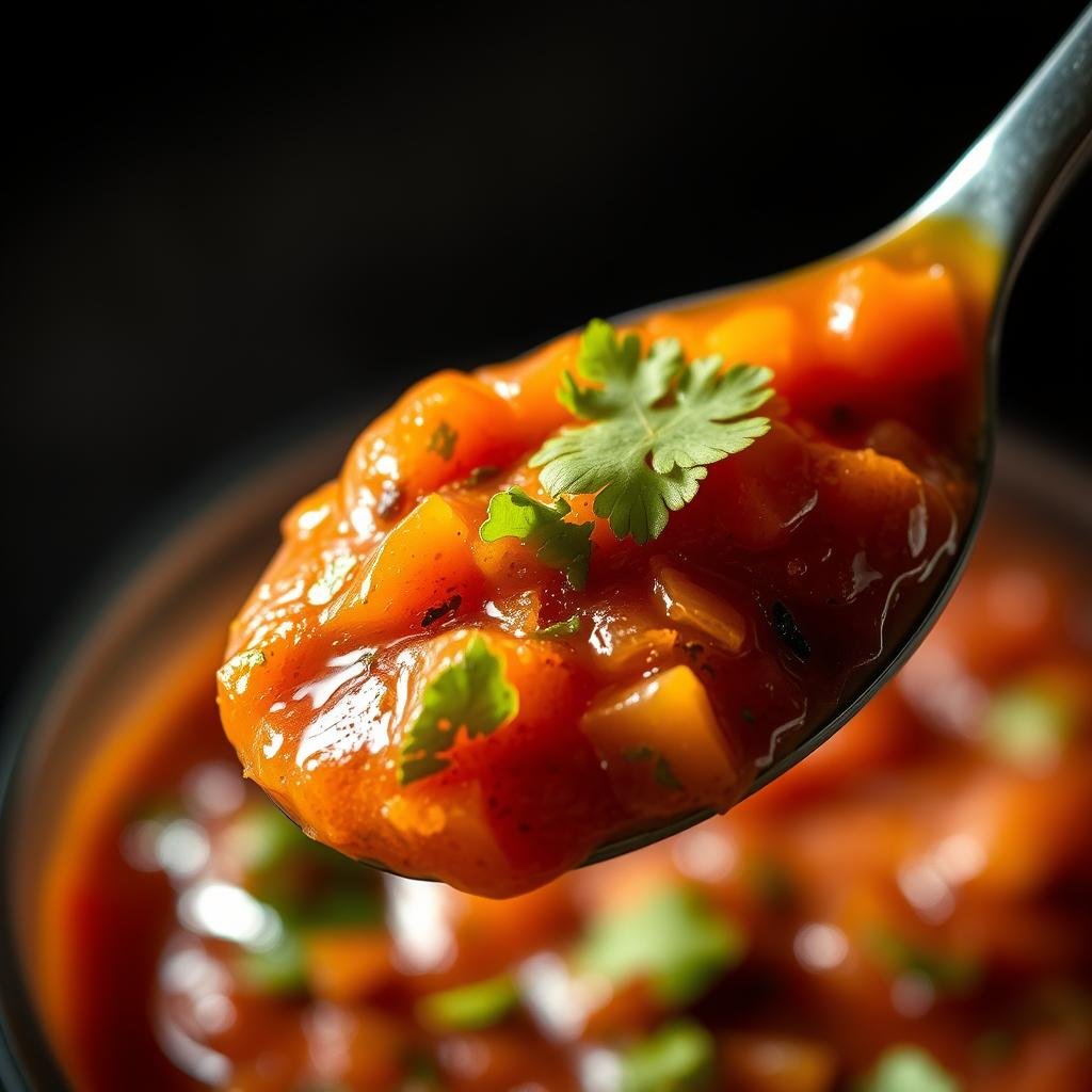 A vibrant, close-up shot of a spoonful of freshly fermented salsa, capturing the rich, complex flavors and textures. The salsa glistens with a slight sheen, hinting at the depth of fermentation. Speckles of smoky chipotle, tart lime, and fragrant cilantro are visible, balanced by the earthy sweetness of roasted tomatoes. The image is lit from the side, casting dramatic shadows that accentuate the salsa's dimensional qualities. The background is blurred, keeping the focus on the delectable salsa, inviting the viewer to imagine the tantalizing taste and aroma. An atmospheric, almost sensual depiction of the captivating result of fermented salsa.