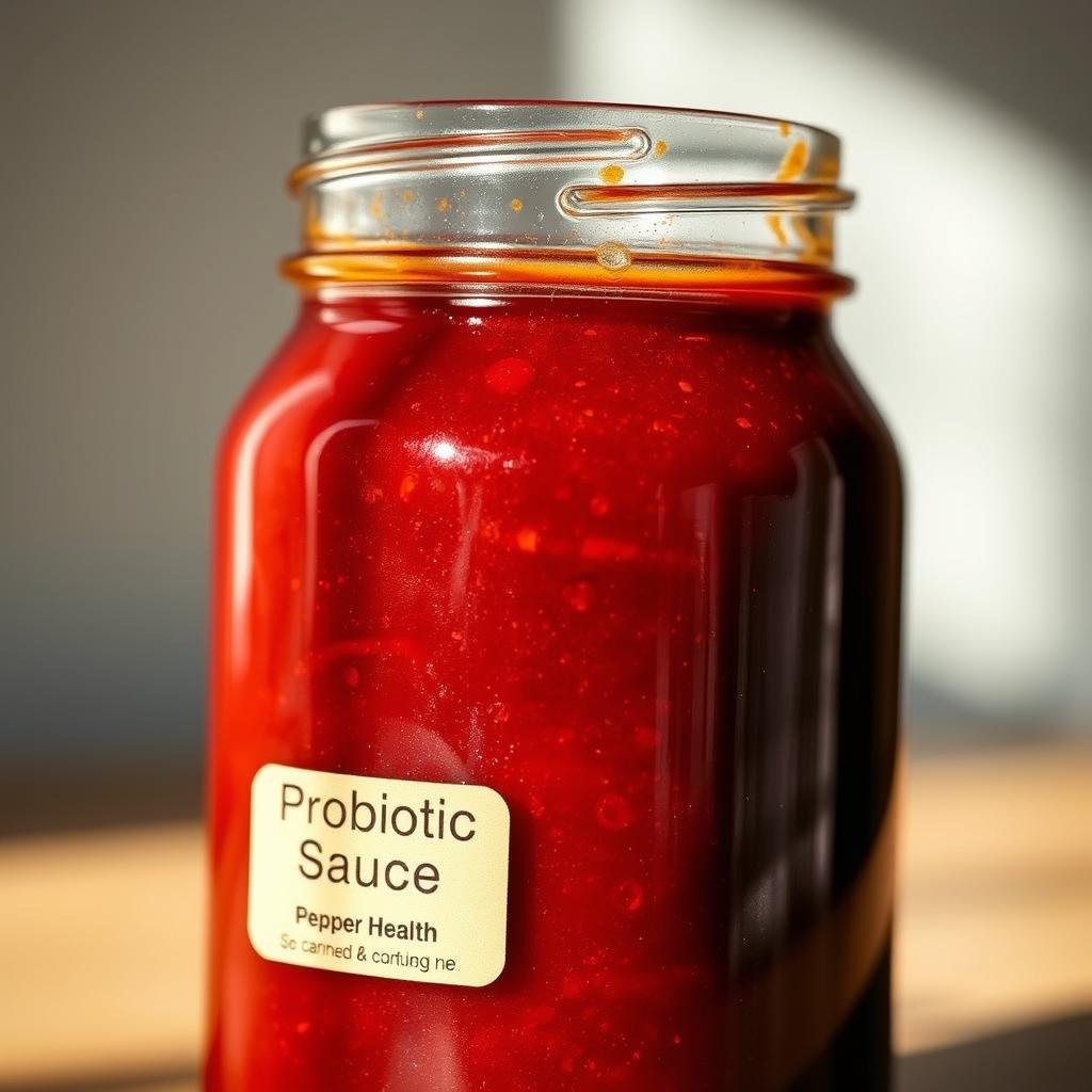 A vibrant, closeup shot of a glass jar filled with a rich, burgundy-colored probiotic pepper sauce. The sauce is glistening, with tiny air bubbles visible, indicating an active fermentation process. The jar is set against a softly blurred background, allowing the sauce to be the focal point. The lighting is warm and natural, casting gentle shadows that accentuate the texture and depth of the sauce. The jar's label features a minimalist design with a simple typeface, highlighting the product's artisanal, handcrafted nature. The overall mood is one of health, vitality, and the transformative power of probiotics.