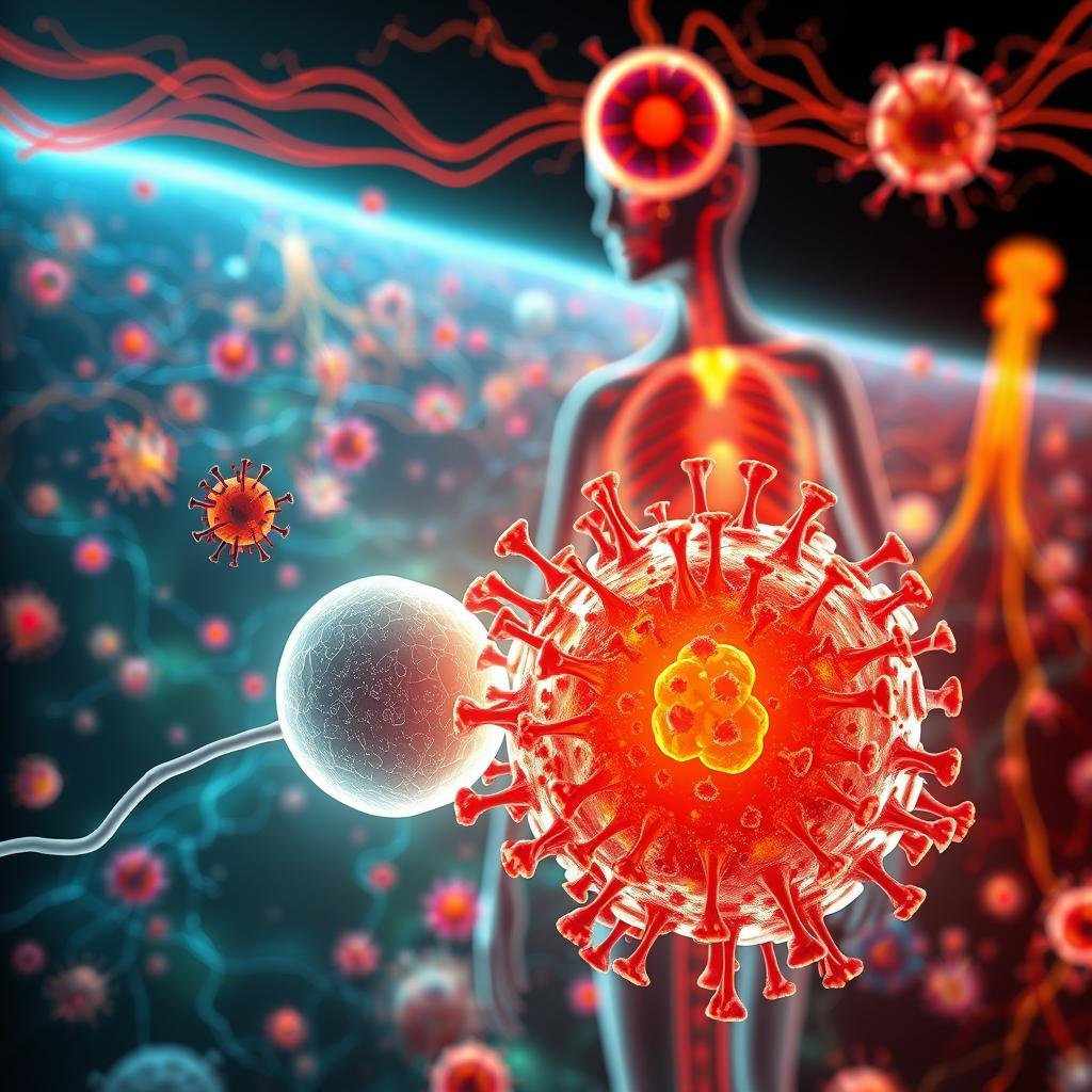 A vibrant, detailed illustration of the human immune system in action. In the foreground, a glowing white blood cell engages with a cluster of colorful, diverse pathogens. The middle ground features a network of lymphatic vessels and organs, pulsing with warm, vivid hues. In the background, a panoramic view of the body's protective mechanisms - from the skin's barrier to the respiratory system's filtration. Bathed in soft, natural lighting, the scene conveys a sense of strength, resilience and harmony, reflecting the power of the body to defend and fortify itself.