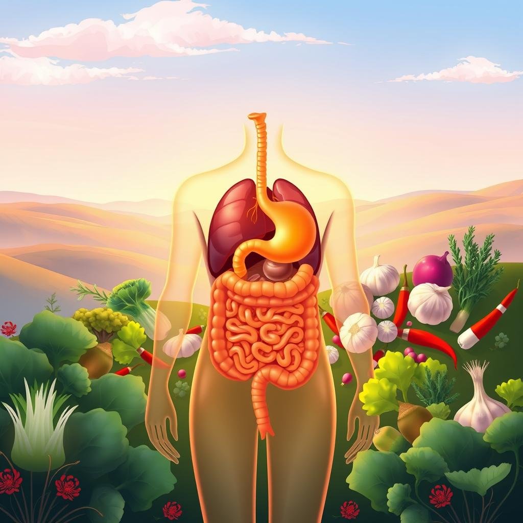 A vibrant digital illustration showcasing the gut health benefits of daily kimchi consumption. In the foreground, a detailed anatomical cross-section of the human digestive system, highlighting the diverse array of beneficial probiotics and their effects on the gut lining. The middle ground features an array of kimchi ingredients - cabbage, radish, chili peppers, garlic, and more - arranged in a visually appealing and appetizing manner. The background depicts a soothing, pastel-toned landscape with rolling hills, a clear blue sky, and subtle lighting that casts a warm, natural glow on the scene. The overall mood is one of harmony, wellness, and the nurturing power of fermented foods.