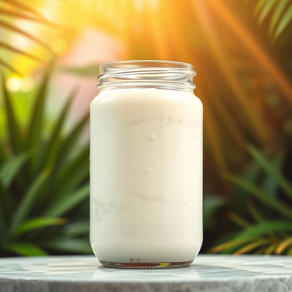 A vibrant glass jar filled with creamy, swirling coconut kefir, its surface dotted with tiny air bubbles. Rays of warm, golden light illuminate the jar, casting a soft, ethereal glow. In the background, a lush, verdant backdrop of tropical foliage and soothing pastel hues creates a serene, natural atmosphere. The composition is balanced, with the kefir jar taking center stage, inviting the viewer to discover its vegan-friendly, gut-health-boosting benefits. The image exudes a sense of wellness, purity, and the nourishing power of this probiotic-rich fermented beverage.