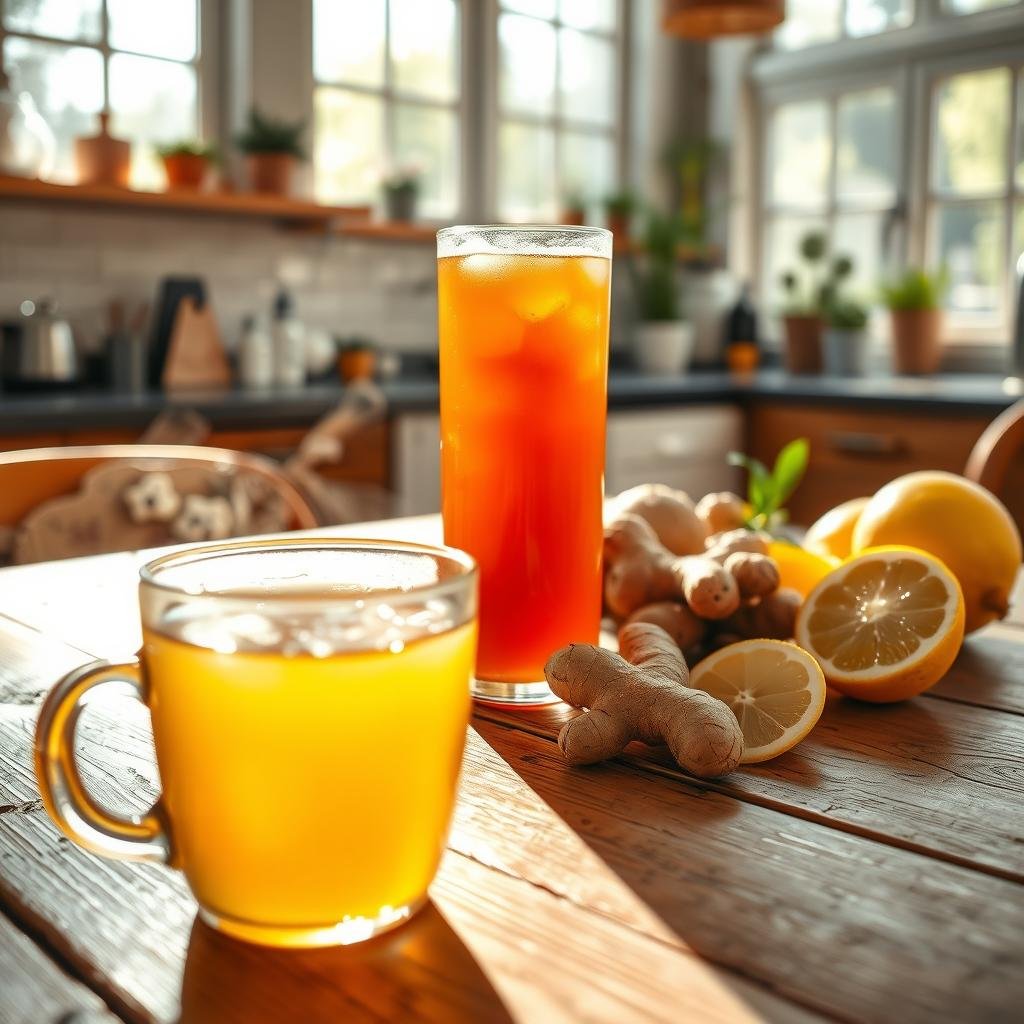 A vibrant glass of kombucha, its amber hue radiating with effervescent bubbles, sits atop a rustic wooden table. In the foreground, a freshly brewed cup of tea steeps, releasing delicate wisps of steam. The midground showcases an assortment of probiotic-rich ingredients, such as ginger, lemon, and a SCOBY (Symbiotic Culture of Bacteria and Yeast), highlighting the natural goodness of this fermented beverage. The background features a serene, sun-dappled kitchen, with natural light filtering through large windows, creating a warm and inviting atmosphere. The image conveys the health benefits and refreshing qualities of kombucha, a popular fermented tea known for its gut-friendly properties.