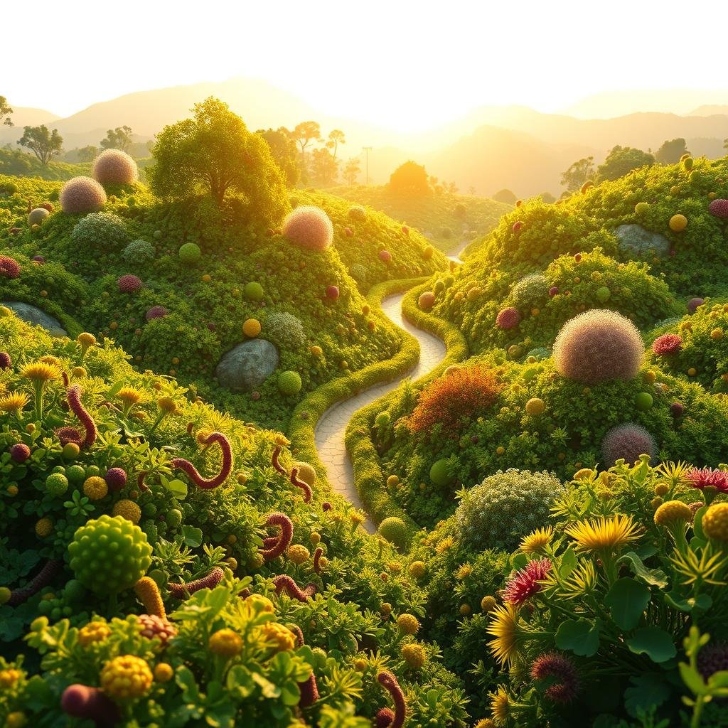 A vibrant, harmonious gut microbiome, represented by a lush, verdant landscape. In the foreground, intricate microbial communities thrive, their diverse shapes and colors creating a tapestry of balance and abundance. The middle ground features a winding path, symbolizing the journey of gut health, dotted with flourishing probiotic-rich plants. In the background, a warm, golden light bathes the scene, conveying a sense of wellbeing and nourishment. The overall composition evokes a feeling of vitality, balance, and the natural resilience of a thriving gut ecosystem.