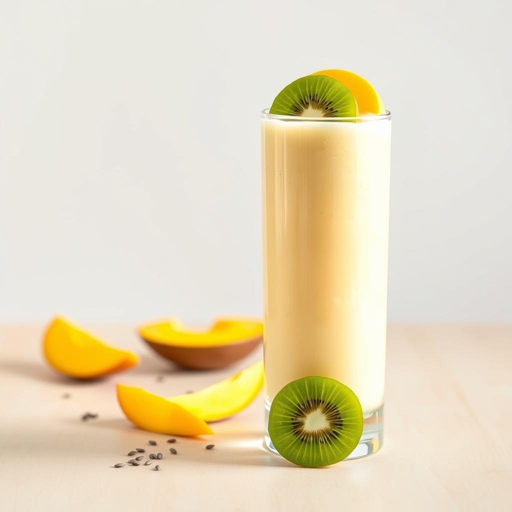 A vibrant, high-resolution image of a dairy-free kefir smoothie, featuring a tall glass filled with a creamy, pale-yellow liquid. The smoothie is garnished with fresh slices of juicy mango, vibrant green kiwi, and a sprinkle of chia seeds. The glass is positioned on a minimalist, light-colored wooden table, with a simple white background. The lighting is soft and natural, casting a warm, inviting glow on the scene. The composition is balanced and aesthetically pleasing, capturing the essence of a nourishing, gut-friendly dairy-free kefir smoothie.
