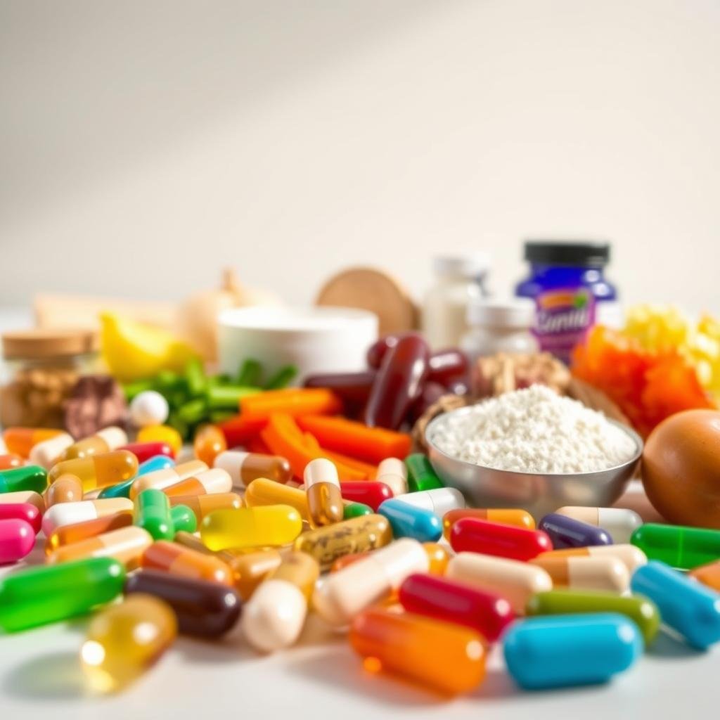 A vibrant, high-resolution image of a group of healthy gut probiotic capsules, pills, and powders in the foreground, set against a clean, minimalist background. The capsules and pills should be arranged in an aesthetically pleasing, symmetrical pattern, showcasing their diverse colors and shapes. In the middle ground, display a selection of probiotic-rich foods such as yogurt, kefir, sauerkraut, and kimchi, all bathed in warm, natural lighting. The background should be a soft, blurred gradient, drawing the viewer's attention to the probiotic supplements and foods in the center of the frame. Convey a sense of wellness, vitality, and digestive health through the overall composition and lighting.
