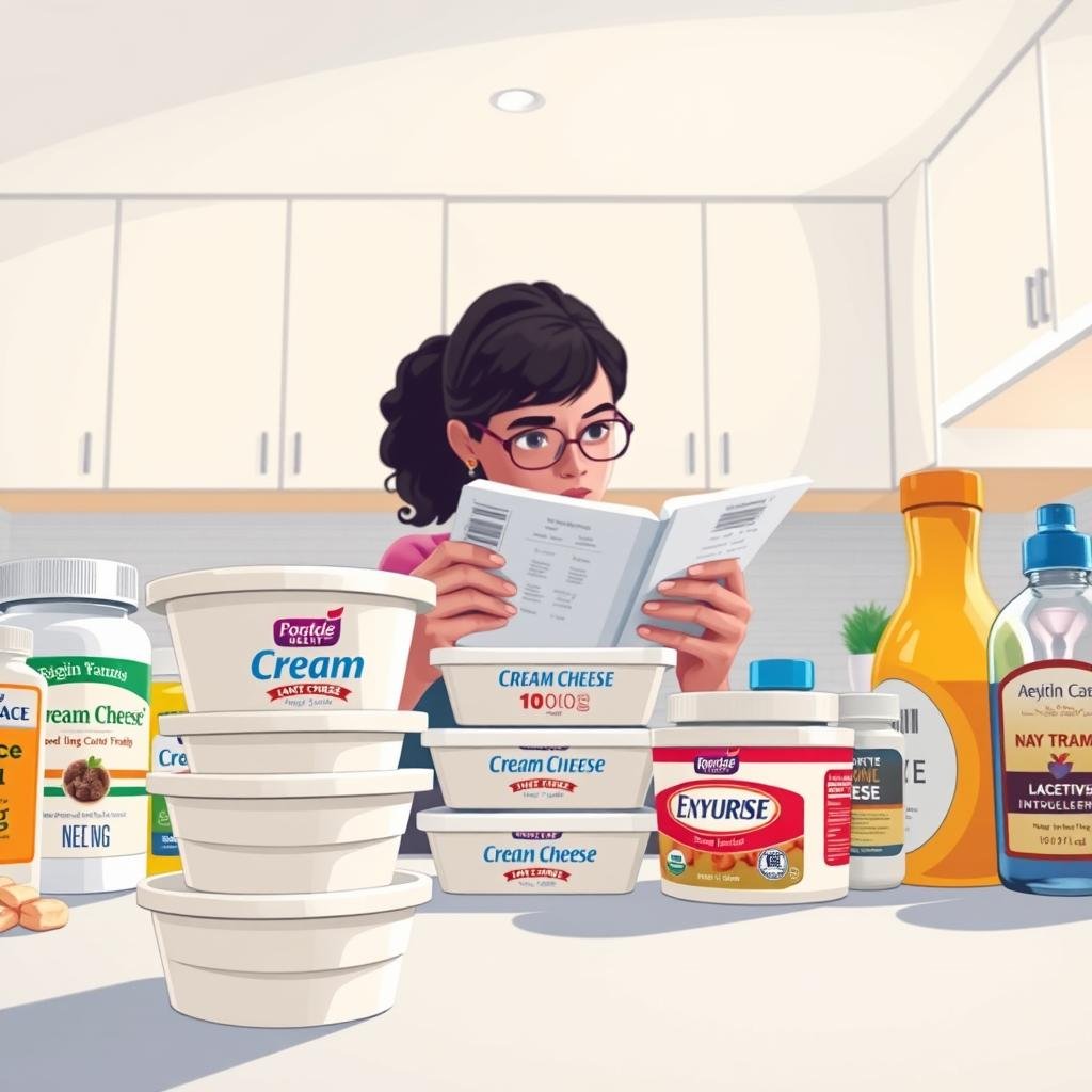 A vibrant illustration depicting the debunking of myths surrounding cream cheese and lactose intolerance. In the foreground, a stack of cream cheese packages stands out, surrounded by a variety of digestive health supplements and lactase enzyme bottles. The middle ground features a person examining the cream cheese labels, their expression one of contemplation. In the background, a clean, minimalist kitchen setting with bright, indirect lighting emphasizes the clinical, informative nature of the scene. The overall mood is one of clarity and myth-busting, conveying the message that cream cheese can be a viable option for those with lactose intolerance.