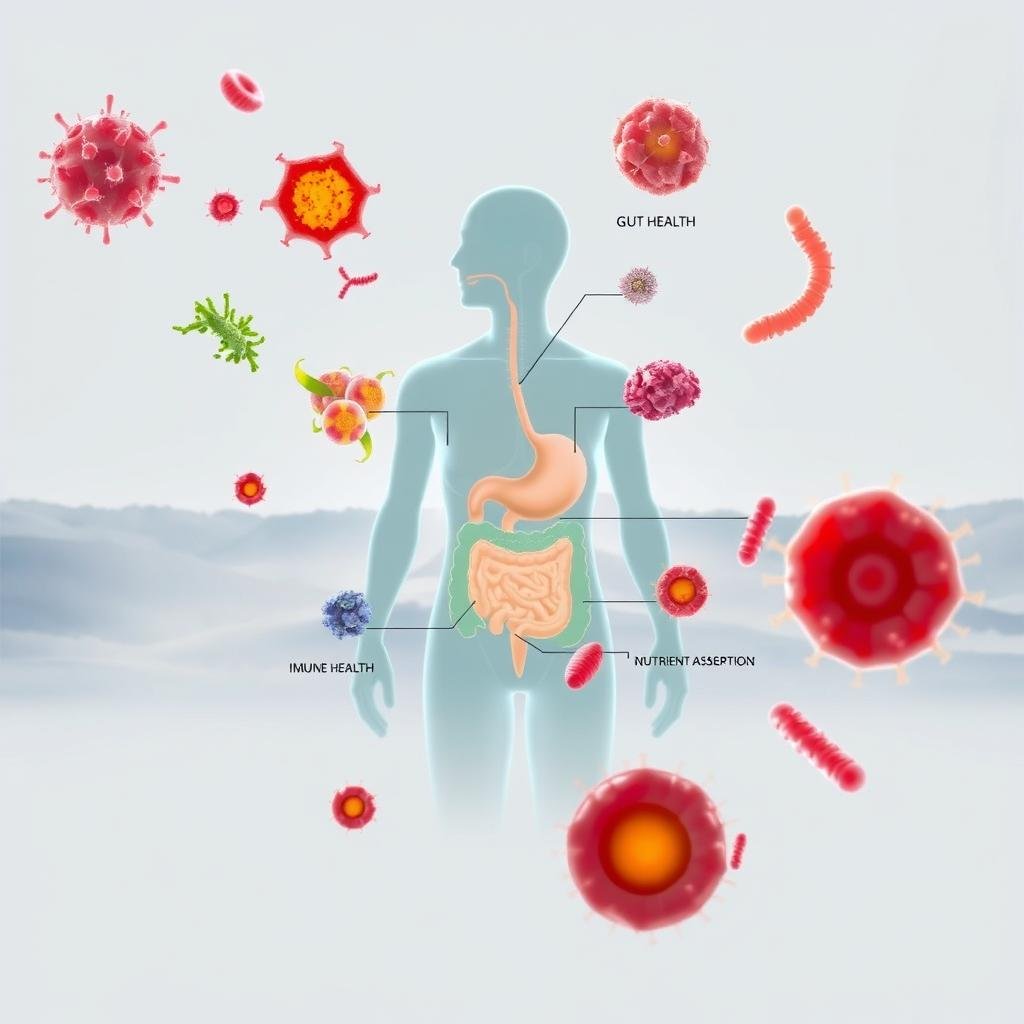 A vibrant illustration showcasing the diverse benefits of probiotics. In the foreground, a richly detailed array of gut-friendly bacteria strains float against a clean, minimalist backdrop. The middle ground features a human digestive system, with highlighted areas indicating the probiotics' positive impact on gut health, immune function, and nutrient absorption. The background showcases an ethereal, softly-lit landscape, evoking a sense of balance and holistic wellness. The overall composition conveys the comprehensive advantages of incorporating probiotics into one's lifestyle, with a visually engaging and informative style.