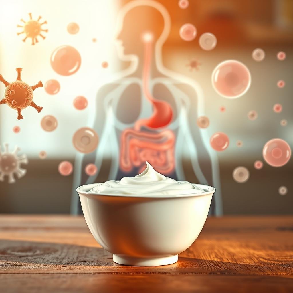 A vibrant, photorealistic image of a probiotic-rich yogurt bowl set against a backdrop of healthy immune system components. In the foreground, a creamy, textured yogurt with swirls of active cultures sits atop a wooden table, illuminated by warm, natural lighting. Surrounding the bowl are various elements that represent the immune system, such as white blood cells, lymph nodes, and cytokine molecules, depicted in a stylized, scientific illustration style. The middle ground features a blurred, out-of-focus image of the human gut, symbolizing the connection between gut health and immune function. The background is a soft, hazy gradient, creating a sense of depth and focus on the central subject matter.