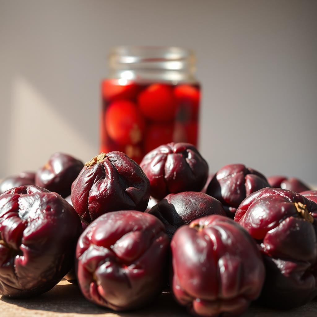 A vibrant still life capturing the essence of umeboshi plums, their deep purple hue and wrinkled texture commanding attention. In the foreground, an assortment of the plums artfully arranged, their distinct salty-sour aroma emanating from the scene. In the middle ground, a glass jar filled with umeboshi brine, casting a warm, amber glow. Behind, a neutral backdrop, allowing the plums to take center stage and showcase their nutritional benefits. Soft, natural lighting illuminates the scene, casting gentle shadows and highlighting the plums' intricate details. The overall composition conveys the health-promoting properties of this traditional Japanese superfood, ready to be incorporated into the viewer's diet.