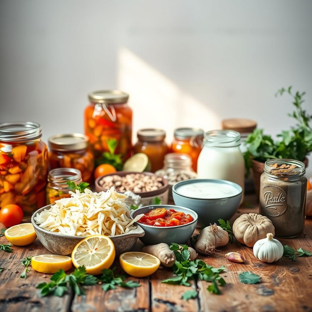 A vibrant still life composed of an assortment of fermented foods and gut-healing ingredients. In the foreground, a rustic wooden table showcases a variety of colorful jars and dishes - sauerkraut, kimchi, kefir, and other probiotic-rich foods. Scattered across the table are fresh herbs, sliced lemon, and a few whole ingredients like ginger and garlic. The middle ground features a soft, natural light filtering in from a window, casting a warm glow on the scene. In the background, a simple, minimalist backdrop allows the vibrant colors and textures of the fermented foods to take center stage. The overall mood is one of nourishment, vitality, and the restorative power of whole, fermented foods for a healthy gut.