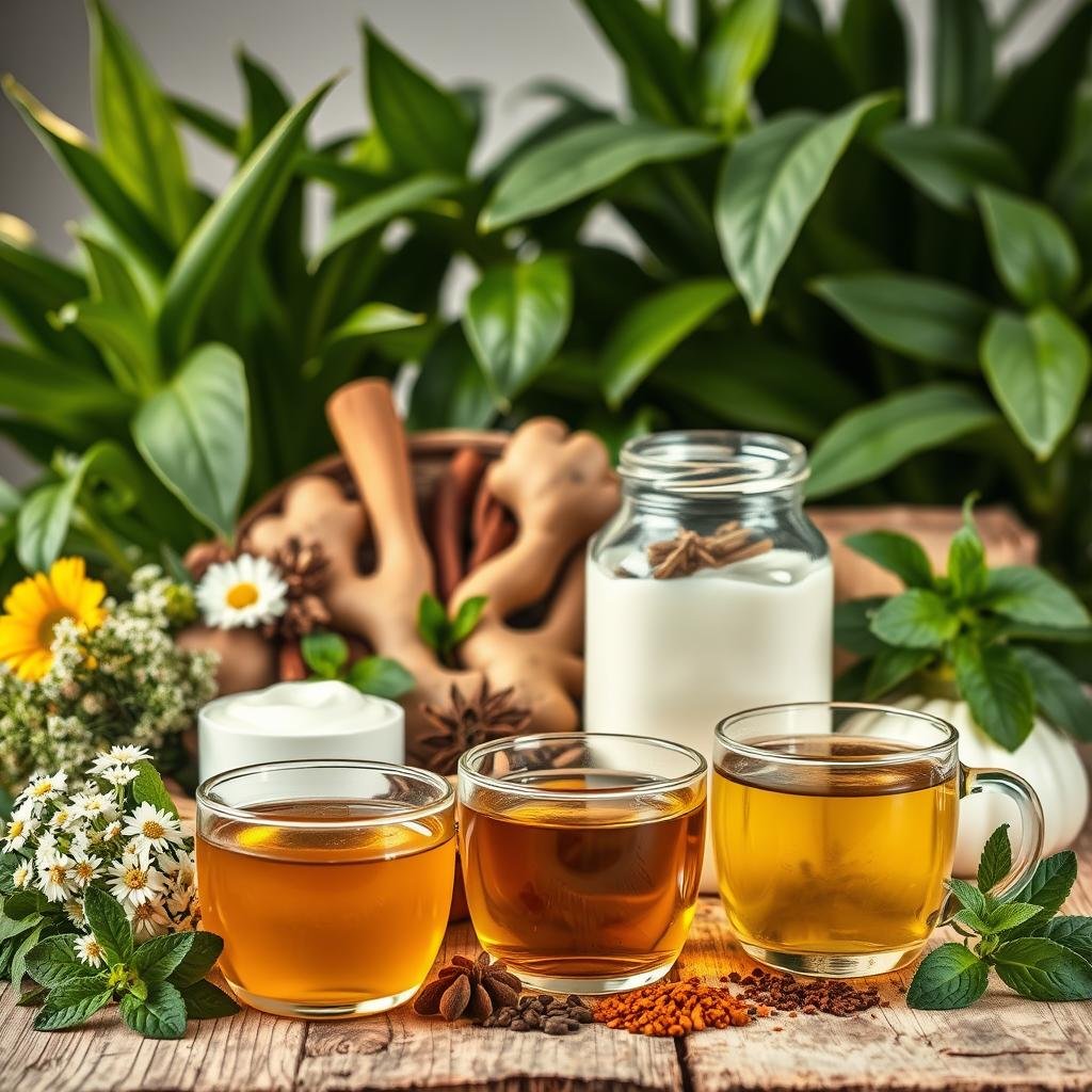 A vibrant still life composition showcasing an assortment of natural remedies for gas relief. In the foreground, an array of herbal teas, including chamomile, fennel, and peppermint, arranged harmoniously on a rustic wooden table. In the middle ground, a selection of whole spices such as ginger, cumin, and coriander, complemented by a glass jar filled with probiotic-rich yogurt. The background features lush, green leaves of plants known for their digestive-soothing properties, casting a warm, natural glow over the scene. Soft, diffused lighting creates an inviting, calming atmosphere, highlighting the earthy tones and organic textures of the natural ingredients.