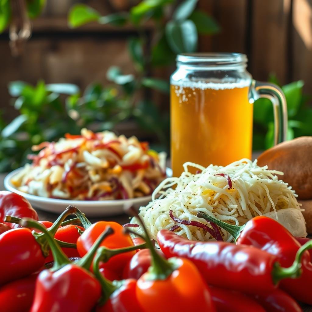 A vibrant still life depicting an array of probiotic-rich foods that promote improved digestion. In the foreground, a selection of fermented chili peppers, their vibrant red hues casting a warm glow. Behind them, a platter of tangy sauerkraut, its shredded cabbage glistening with natural fermentation. In the middle ground, a glass jar filled with a fizzing kombucha brew, its golden color and effervescent bubbles hinting at the beneficial bacteria within. The background features a lush, earthy setting, perhaps a wooden table or rustic countertop, evocative of a traditional, artisanal food preparation space. Warm, natural lighting illuminates the scene, casting soft shadows and highlighting the textures and colors of the probiotic-rich ingredients. An overall mood of health, vitality, and the power of fermented foods to nourish the body and improve digestion.