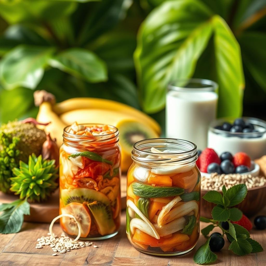 A vibrant still life depicting various probiotic and prebiotic foods for digestive health. In the foreground, a glass jar filled with a colorful assortment of fermented vegetables such as sauerkraut, kimchi, and pickled onions. Behind it, a wooden board showcases sliced kiwi, bananas, and whole grains like oats and quinoa. In the middle ground, a glass of kefir and a plate of yogurt with fresh berries. The background features lush, verdant leaves, suggesting a natural, earthy setting. Warm, natural lighting illuminates the scene, highlighting the rich colors and textures of the healthy, gut-nourishing ingredients. The overall composition conveys a sense of balance, vitality, and the holistic benefits of probiotics and prebiotics for optimal digestive function.