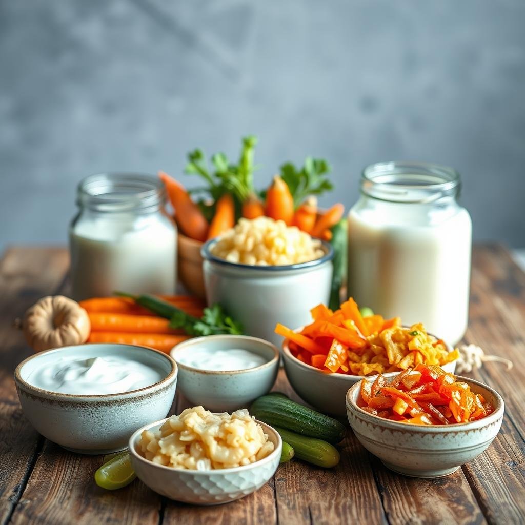 A vibrant still life featuring an assortment of common probiotic-rich foods arranged on a rustic wooden table. In the foreground, fresh yogurt, kefir, and sauerkraut are presented in simple ceramic bowls, their textures and colors accentuated by soft, natural lighting. In the middle ground, a variety of fermented vegetables like kimchi, pickled carrots, and pickled cucumbers are neatly displayed, their vibrant hues and intricate patterns drawing the eye. The background is blurred, suggesting a serene, minimalist setting that allows the probiotic-rich foods to take center stage. The overall composition conveys a sense of health, wellness, and the abundance of nature's probiotic-rich offerings.