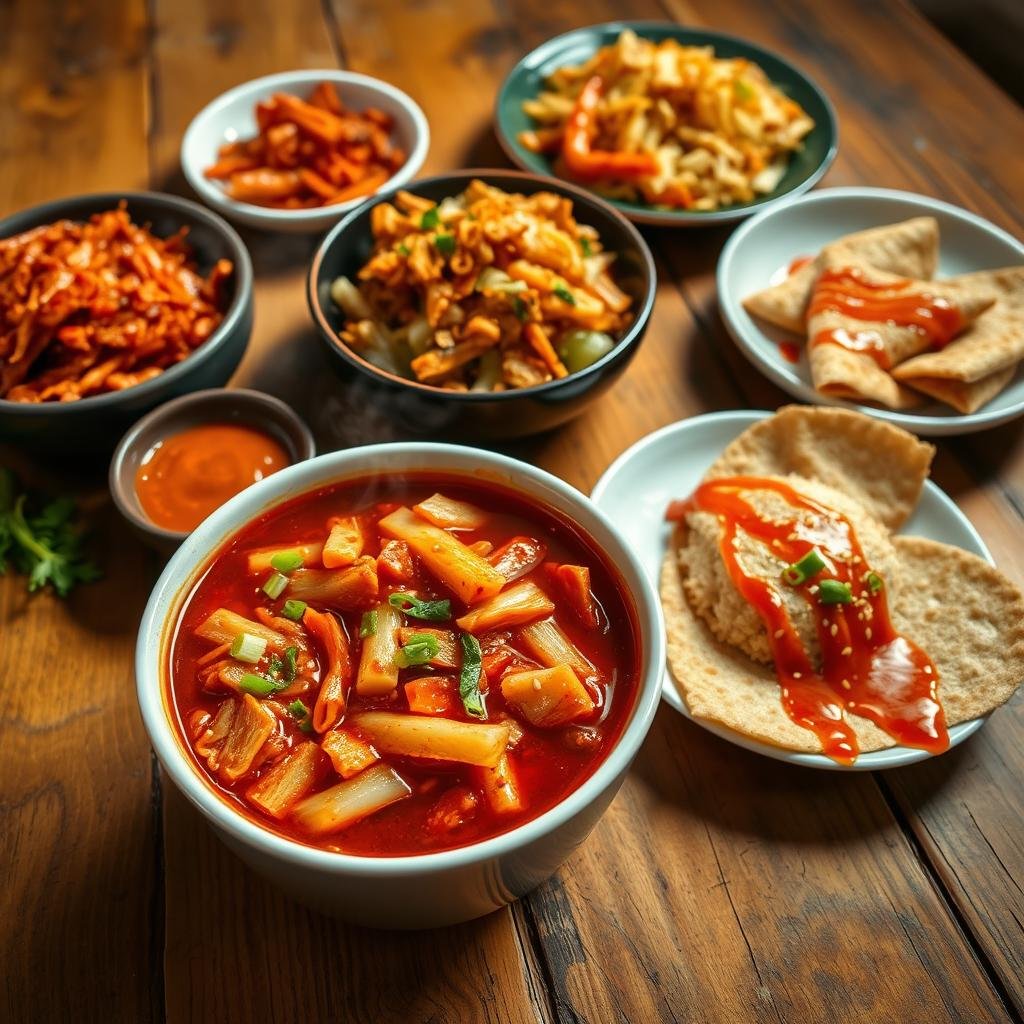 A vibrant still life featuring an assortment of traditional Korean kimchi dishes, artfully arranged on a rustic wooden table. In the foreground, a steaming bowl of spicy fermented radish kimchi, its vivid red hues and garnishes of green onion and sesame seeds drawing the eye. Surrounding it, a selection of other kimchi-based pairings - a small plate of tangy cabbage kimchi, a bowl of savory kimchi fried rice, and crisp kimchi pancakes drizzled with a gochujang dipping sauce. Soft, even lighting illuminates the scene, casting warm shadows and highlighting the textural details of the ingredients. The overall mood is one of authentic Korean cuisine, welcoming diners to explore the flavorful world of kimchi and its many complementary dishes.