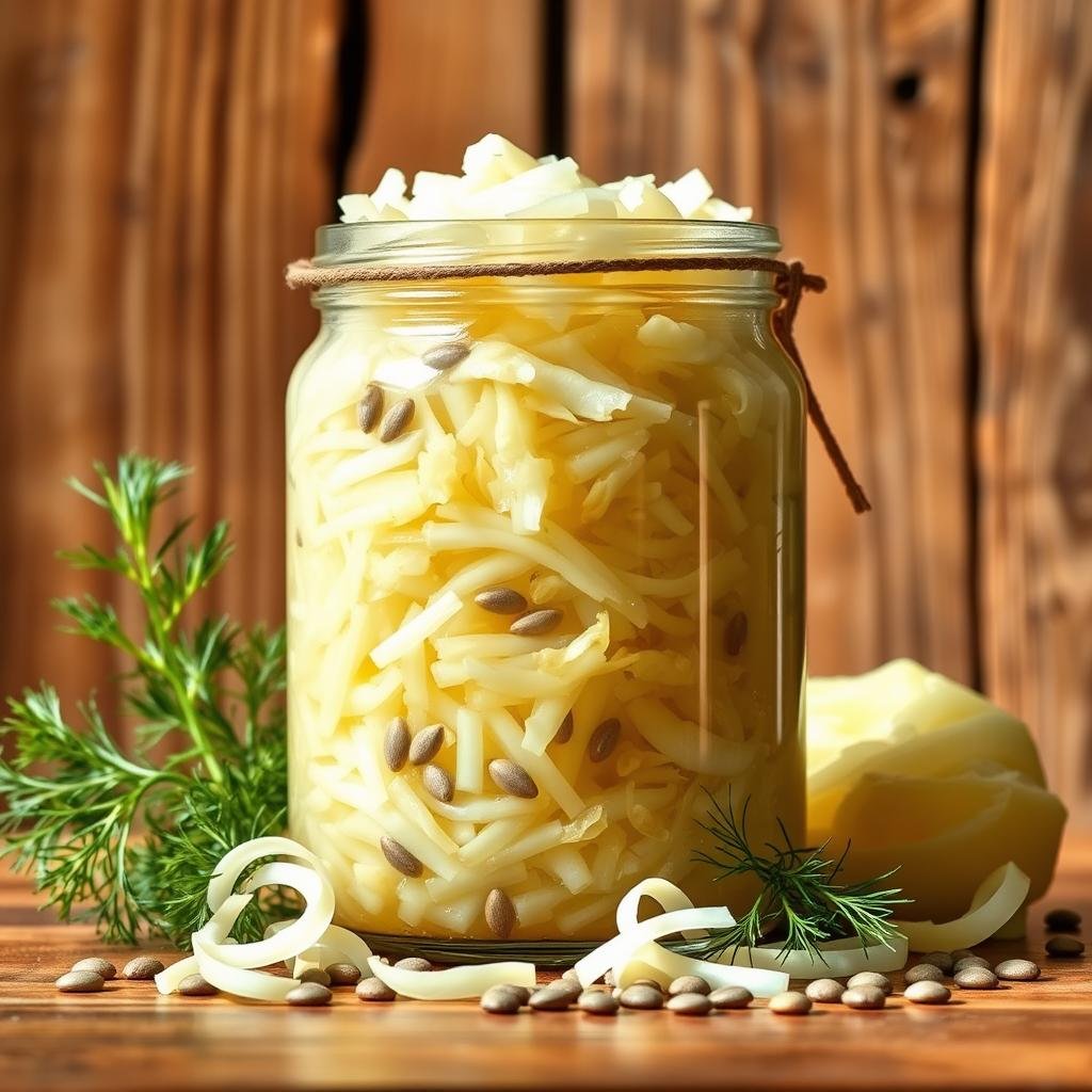 A vibrant still life featuring fresh, crisp sauerkraut in a rustic glass jar. The sauerkraut is glistening with probiotic-rich liquid, surrounded by whole caraway seeds and a few sprigs of fresh dill. The jar is set against a textured wooden background, bathed in warm, natural lighting. The scene conveys the wholesome, gut-nourishing properties of this fermented vegetable staple. The overall composition is clean, minimal, and highlights the rich, earthy tones of the sauerkraut itself.