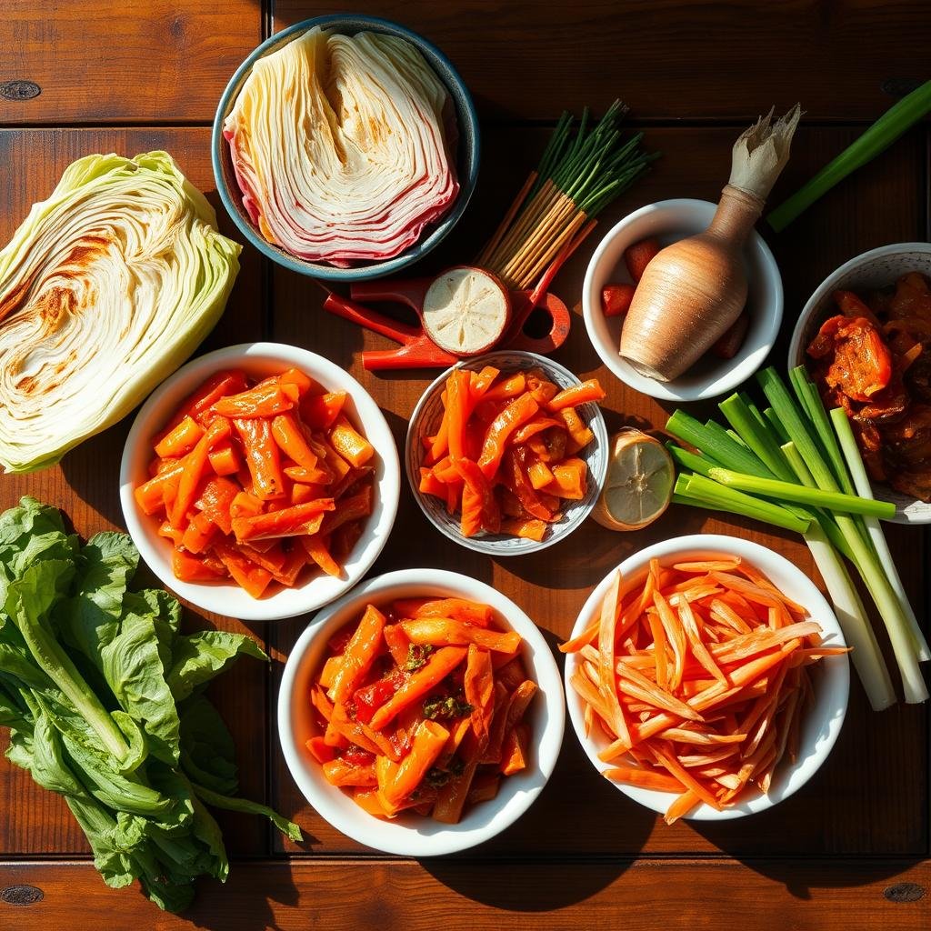 A vibrant still life of a variety of probiotic-rich Korean kimchi dishes, including spicy cabbage kimchi, radish kimchi, and scallion kimchi, arranged on a traditional wooden table. The kimchi items are photographed from an overhead angle, with natural lighting casting warm tones and shadows, highlighting the vivid colors, textures, and intricate details of the fermented vegetables. The composition showcases the diversity and abundance of these gut-healthy, probiotic-packed foods in an appetizing and authentic Korean culinary setting.