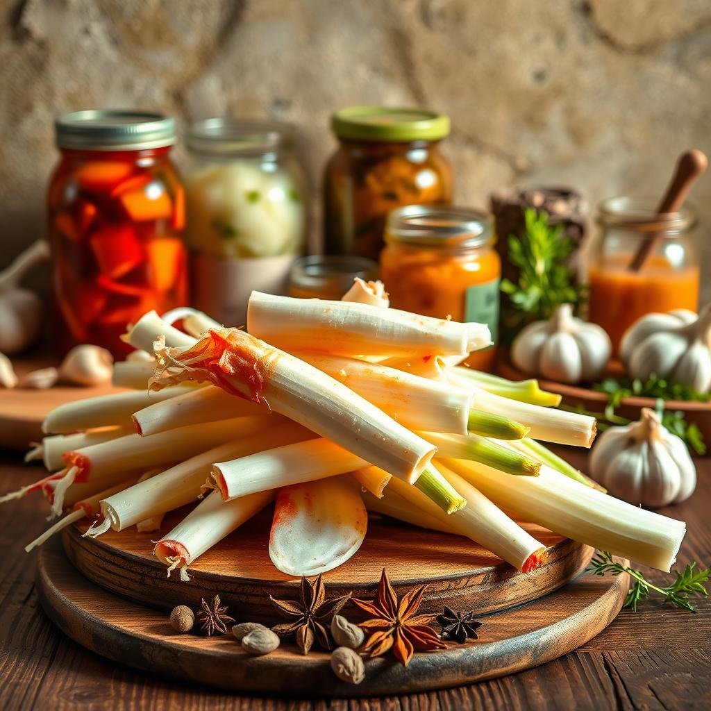 A vibrant still life showcasing a variety of healthy fermented foods, bathed in warm, natural lighting. In the foreground, a wooden board displays an array of freshly prepared kimchi radish, its crisp, white flesh and vibrant hues accentuated. Surrounding the radish are other fermented delights, such as jars of tangy sauerkraut, rich miso paste, and pungent garlic. In the middle ground, a handful of whole spices and herbs add depth and complexity to the scene, while the background features a rustic, textured wall, suggesting a cozy, artisanal kitchen. The overall mood is one of abundance, health, and the harmonious fusion of traditional fermentation techniques.