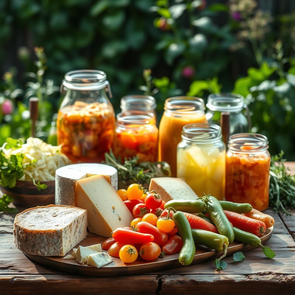 A vibrant still life showcasing an array of fermented foods, captured in a warm, natural light. In the foreground, a selection of artisanal cheeses, their rinds glistening with a hint of mold, alongside a platter of pickled vegetables, their vibrant colors popping against the rustic wooden surface. In the middle ground, a collection of glass jars filled with sauerkraut, kimchi, and kombucha, their contents visible through the transparent vessels. The background features a lush, verdant garden, with leafy greens and herbs, hinting at the fresh, natural ingredients used in the fermentation process. The overall composition evokes a sense of health, vitality, and the rich, complex flavors of these probiotic-rich foods.