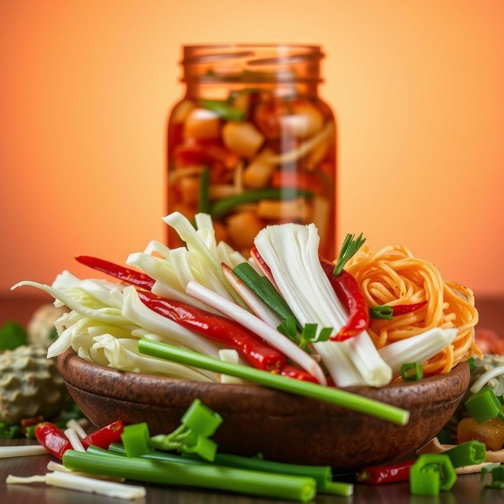 A vibrant still life showcasing the distinct flavor profiles of traditional Korean kimchi. In the foreground, an assortment of crisp, tangy vegetables - napa cabbage, radish, and scallions - nestled in a rustic earthenware bowl. Hints of ginger, garlic, and chili peppers add depth and complexity. The middle ground features a jar of fermented kimchi, its rich, umami-packed contents visible through the glass. Dramatic backlighting casts a warm, amber glow, emphasizing the textural contrast between the fresh and fermented elements. The background is minimalist, allowing the bold, vibrant colors and flavors of the kimchi to take center stage. This image captures the essence of the key differences in taste between kimchi and sauerkraut.