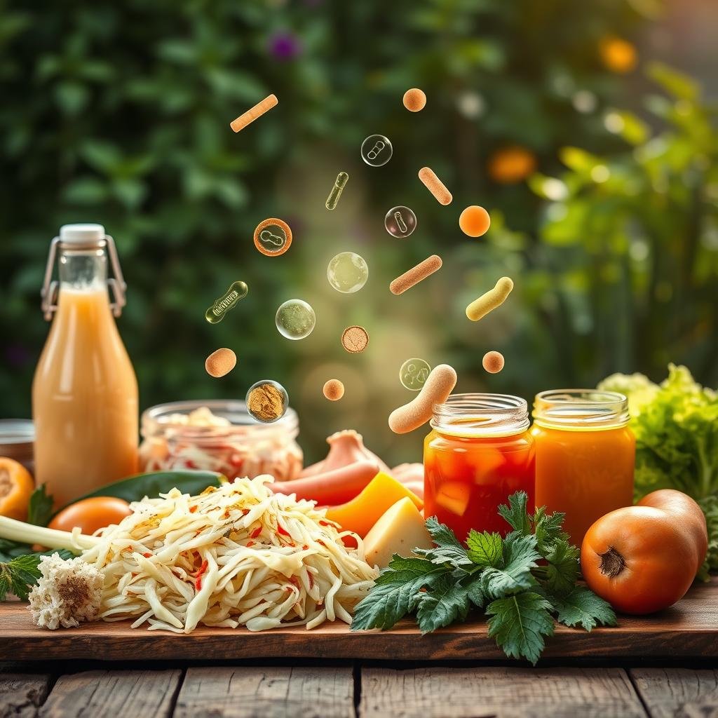 A vibrant still life showcasing the health benefits of fermented foods. In the foreground, an array of fermented vegetables and beverages, such as sauerkraut, kimchi, and kombucha, all meticulously arranged on a rustic wooden table. The middle ground features various gut-friendly ingredients like probiotics, enzymes, and vitamins, floating in a soft, hazy light. In the background, a lush, verdant garden backdrop, symbolizing the natural origins of these nourishing fermented treats. The overall composition conveys a sense of balance, vitality, and the restorative power of these ancient, probiotic-rich foods. Soft, natural lighting illuminates the scene, creating a warm, inviting atmosphere.
