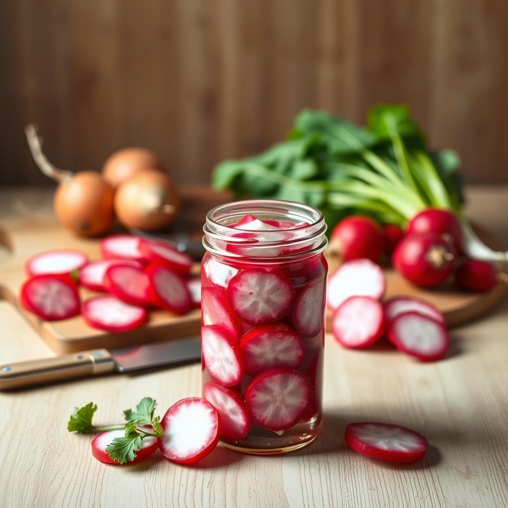 A vibrant still life showcasing the health benefits of fermented radishes. In the foreground, a glass jar filled with ruby-red radish slices, bubbling with probiotic goodness. The middle ground features a cutting board with a knife and various radish varieties, their vivid colors and textures on display. In the background, a natural wooden surface, bathed in soft, even lighting that highlights the radishes' earthy tones. The composition conveys the wholesome, gut-nourishing properties of this fermented vegetable, inviting the viewer to explore its nutritional riches.