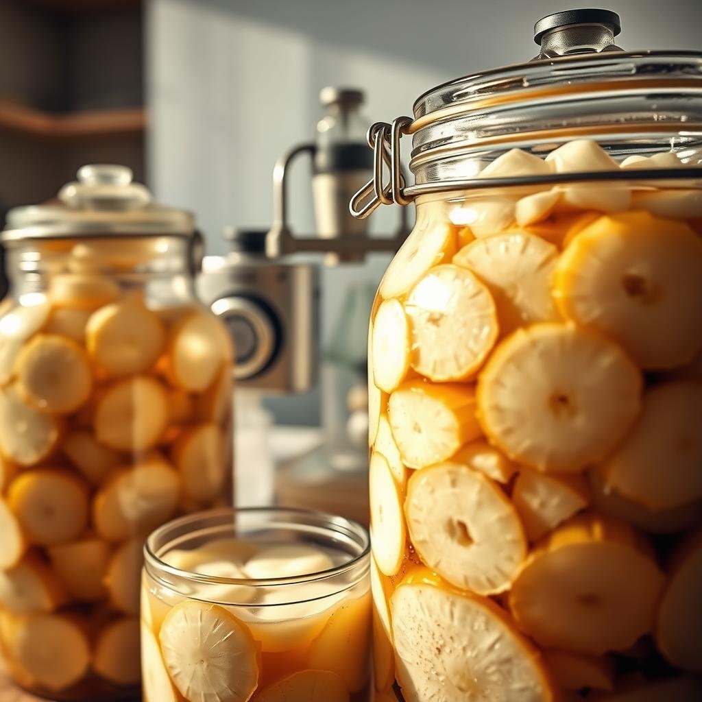 A well-lit, detailed close-up view of a fermentation process, showcasing the various stages of the transformation. The foreground displays glass jars filled with sliced daikon radish, covered with a brine solution and fermenting cultures, capturing the bubbling and effervescent activity. The middle ground highlights the precise arrangement of the fermentation setup, including the weights used to submerge the vegetables, the airlock lids, and the temperature monitoring device. The background softly blurs into a clean, minimalist kitchen setting, emphasizing the natural and artisanal nature of the process. The lighting is warm and natural, casting gentle shadows and highlights to accentuate the textures and colors of the fermentation. The overall mood is one of scientific curiosity, culinary artistry, and the celebration of natural, probiotic-rich flavors.