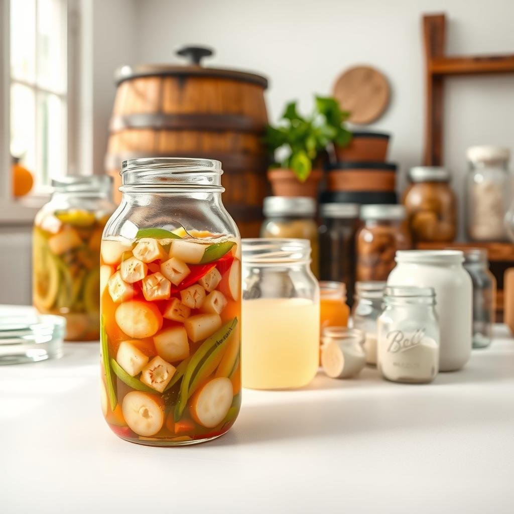 A well-lit, detailed illustration of various fermentation methods, showcasing glass jars, crocks, and other fermentation vessels. In the foreground, a close-up view of a glass jar filled with bubbling, fermenting vegetables, highlighting the process of lacto-fermentation. In the middle ground, an array of different fermentation setups, including a wooden barrel, a ceramic crock, and a collection of Mason jars. In the background, a clean, minimalist kitchen setting with natural lighting, conveying a sense of simplicity and artisanal craft. The overall mood is one of scientific curiosity and the natural, slow-paced transformation of ingredients into probiotic-rich foods.