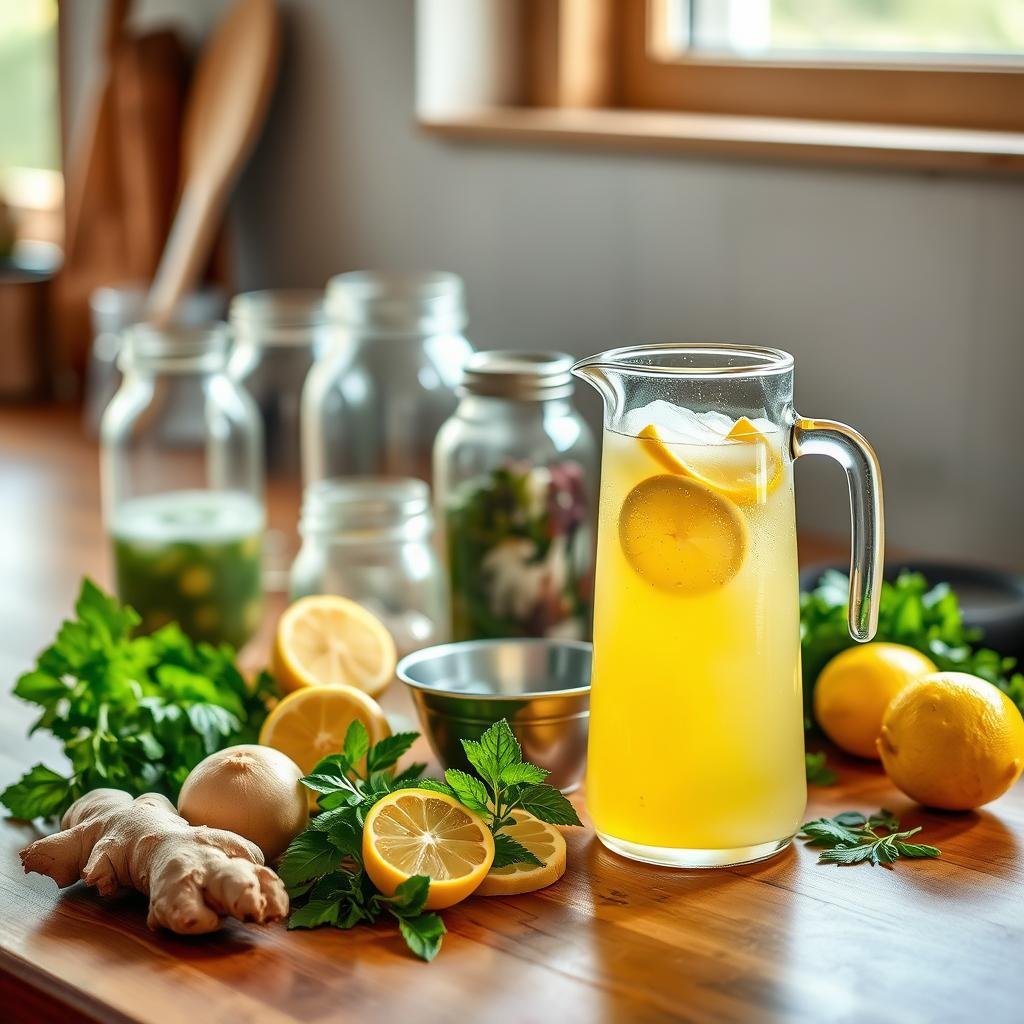 A well-lit, high-resolution image of a DIY Kevita setup on a wooden kitchen counter. In the foreground, a glass pitcher filled with a vibrant, fizzy probiotic beverage, surrounded by fresh ingredients like ginger, lemon, and herbs. In the middle ground, a collection of Kilner jars, a metal strainer, and a wooden spoon, conveying the homemade, artisanal nature of the process. The background features natural lighting from a nearby window, casting a warm, inviting glow over the scene. The overall atmosphere is one of simplicity, health-consciousness, and a sense of handcrafted authenticity.