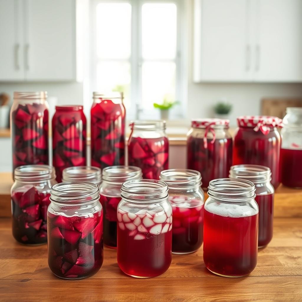 A well-lit, high-resolution image showcasing the step-by-step fermentation process of beet kvass. In the foreground, an array of glass jars filled with freshly chopped beets, salt brine, and fermenting cultures. In the middle ground, the jars are arranged neatly on a wooden table, with some jars showing different stages of the fermentation, from the initial bubbling to the final clear, deep red liquid. In the background, a minimalist kitchen setting with clean, natural lighting filtering in, creating a serene and inviting atmosphere. The image captures the scientific precision and homely craftsmanship of the beet kvass fermentation, highlighting the transformative process from raw ingredients to a probiotic-rich, beneficial beverage.