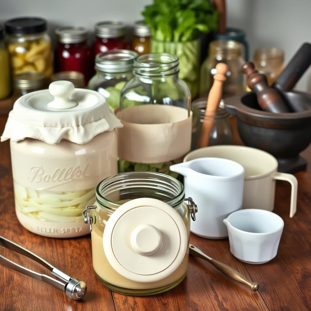A well-lit, high-resolution photograph of an assortment of traditional fermentation equipment arranged on a wooden table. In the foreground, a glass crock with an airlock lid, a ceramic weight, and a set of stainless steel tongs. In the middle ground, a large glass jar with a cloth-covered opening, a wooden tamper, and a measuring cup. In the background, a collection of mason jars, a sauerkraut press, and a mortar and pestle. The image has a natural, earthy tone, conveying the artisanal process of home vegetable fermentation.