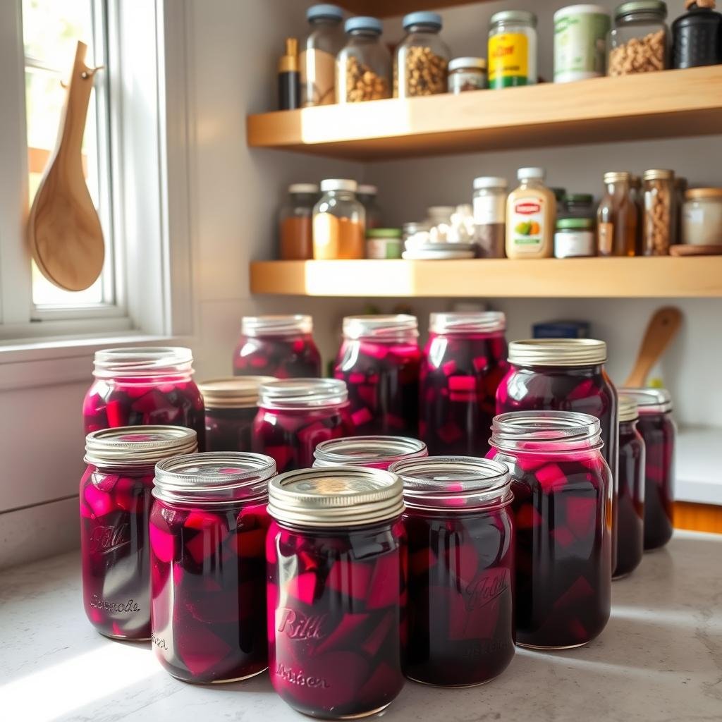 A well-lit kitchen counter showcases an assortment of glass jars, each containing vibrant fermented beetroots. The jars are adorned with airtight lids, ensuring a proper anaerobic environment for the fermentation process. The shelves behind the jars display various spices, herbs, and other fermentation supplies, creating a sense of a dedicated fermentation workspace. Soft natural light filters in through a nearby window, illuminating the deep purple hues of the fermented beets and casting gentle shadows on the surfaces. The overall atmosphere conveys a sense of order, cleanliness, and the care taken in preserving the nutritious and flavorful fermented vegetables.