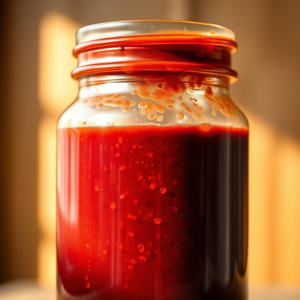 A well-lit kitchen counter, showcasing a variety of glass jars and bottles filled with vibrant, fermented hot sauce. The jars are neatly arranged, some with label stickers, others with handwritten tags. Sunlight streams in through a nearby window, casting a warm glow on the scene. The bottles feature a range of colors, from deep reds to vibrant oranges, hinting at the complex flavors within. In the background, a few fresh chili peppers and herbs suggest the homemade nature of the sauces. The overall impression is one of artisanal care and attention to detail, inviting the viewer to imagine the delicious possibilities of properly stored and preserved fermented hot sauce.
