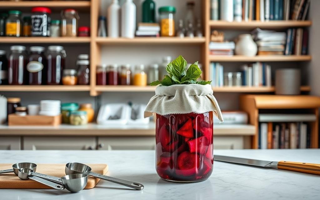 A well-lit kitchen counter, with a glass jar filled with vibrant red beetroots, a cloth cover, and a weight resting on top. In the foreground, a pair of clean hands carefully arranging the beets, ensuring even distribution. The middle ground features measuring spoons, a knife, and a cutting board, suggesting the preparation of ingredients. In the background, shelves hold various fermentation supplies, jars, and books, conveying a sense of expertise and care. The overall scene exudes a sense of cleanliness, precision, and the safe practices essential for successful fermentation.