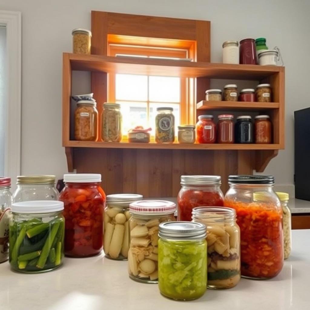 A well-lit kitchen counter with various fermented food jars and containers in the foreground. Wooden shelves in the middle ground hold additional jars, including radish pickles, sauerkraut, and kimchi. In the background, a window allows natural light to pour in, casting a warm glow over the scene. The overall atmosphere conveys a sense of culinary care and preservation, with the fermented goods neatly organized and ready for long-term storage.