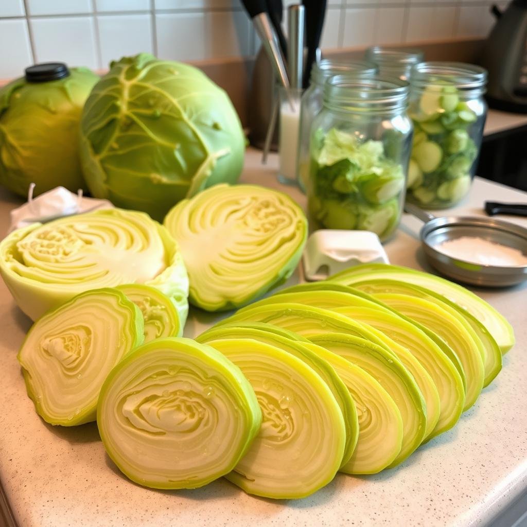 A well-lit kitchen countertop with an assortment of fresh green cabbage heads, whole and sliced, alongside mason jars, salt, and other fermentation tools. The cabbage slices are arranged in a visually appealing, symmetrical pattern, with droplets of water or brine glistening on their surfaces. The lighting is soft and diffused, creating a warm, inviting atmosphere that highlights the vibrant colors of the produce. The overall composition conveys a sense of culinary preparation and the anticipation of the fermentation process to come.